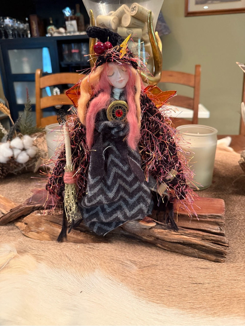 Handcrafted Witch Figurine Home Accent in Black and Pink